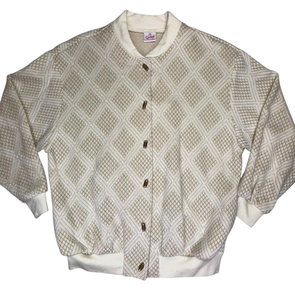 Vintage Graff Cardigan Sweater Gold Metallic Knit Geometric‎ USA M 80's 90's